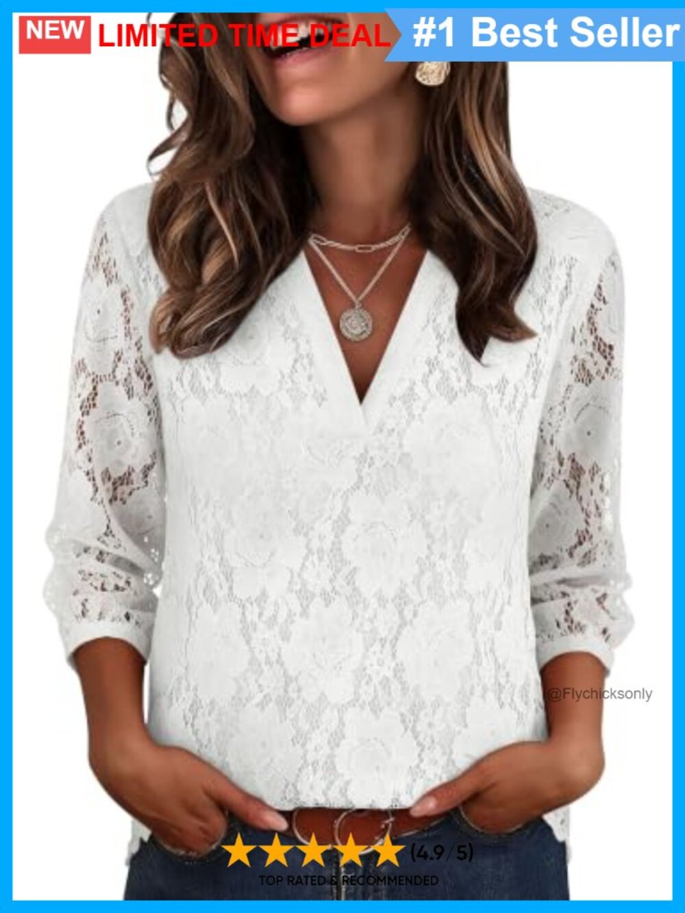 Lace V-Neck 3/4 Sleeve Floral Blouse Business Casual Tunic Top